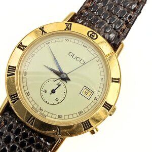 Vintage Gucci 3800 Jr. Gold Plate White Dial Brown Leather Strap Wrist Watch